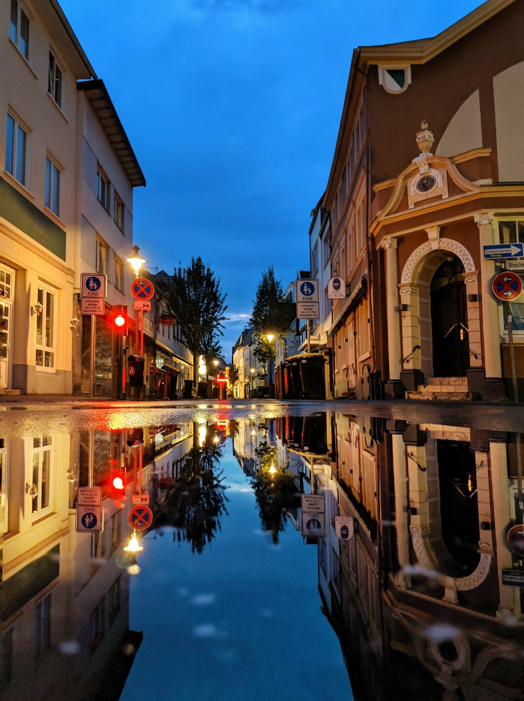 European city street at dusk